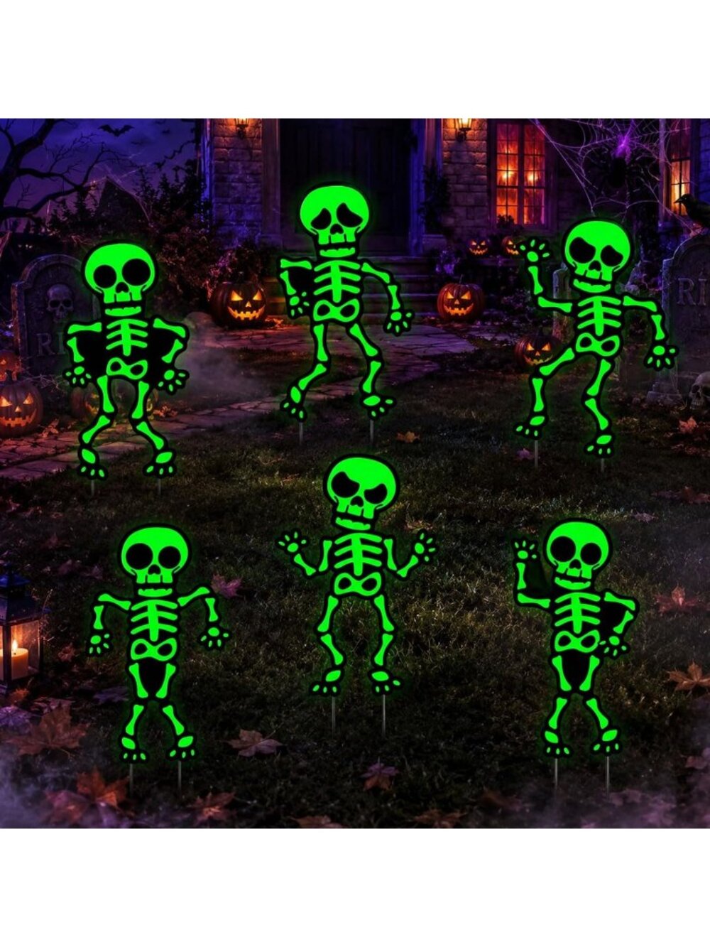 6 Pack Glow in The Dark Skeleton Yard Signs with Stakes Fluorescent Creepy Decor
